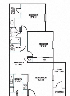 Two Bedroom One Bath w/Master Vanity (930 sq ft)